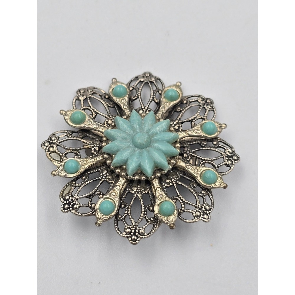 Vintage Filigree Flower Brooch Pin Turquoise Blue Cabochons & Center Stone